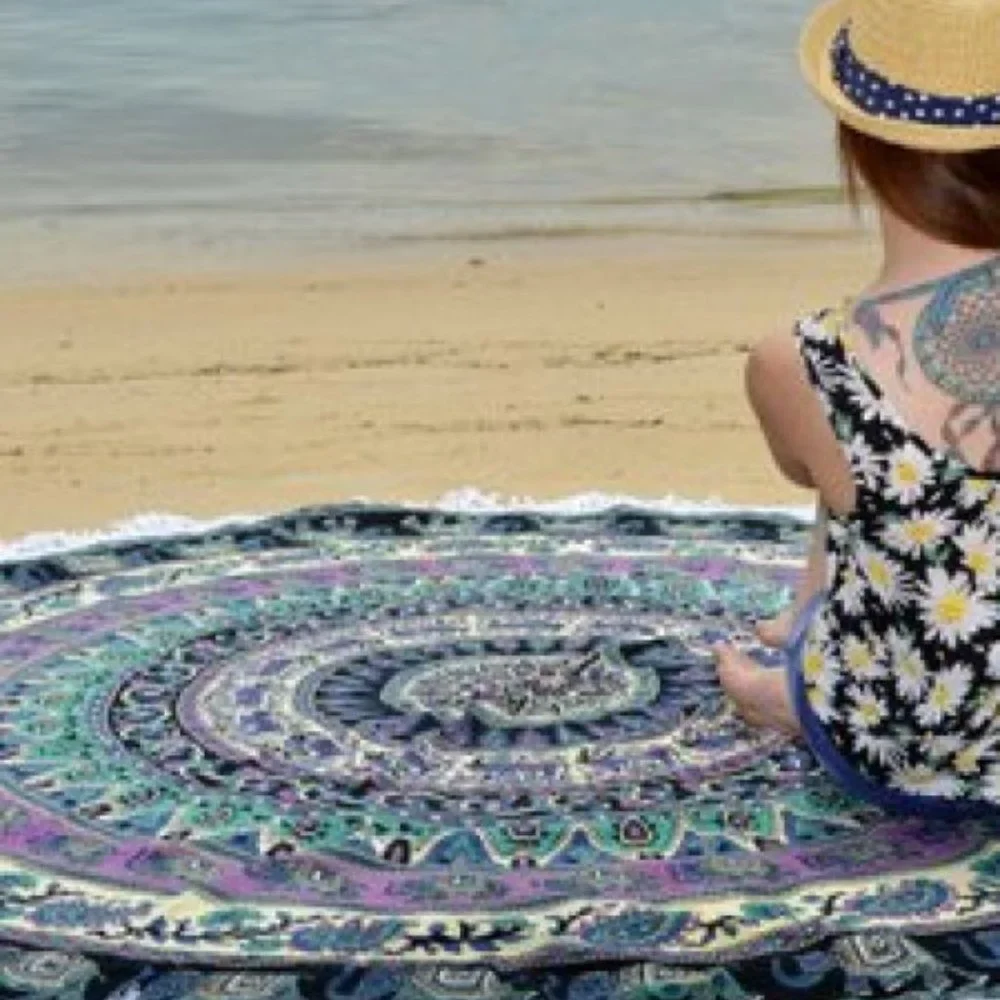 Purple Green Floral Boho Round Beach Blanket Tablecloth Tapestry Decor NEW